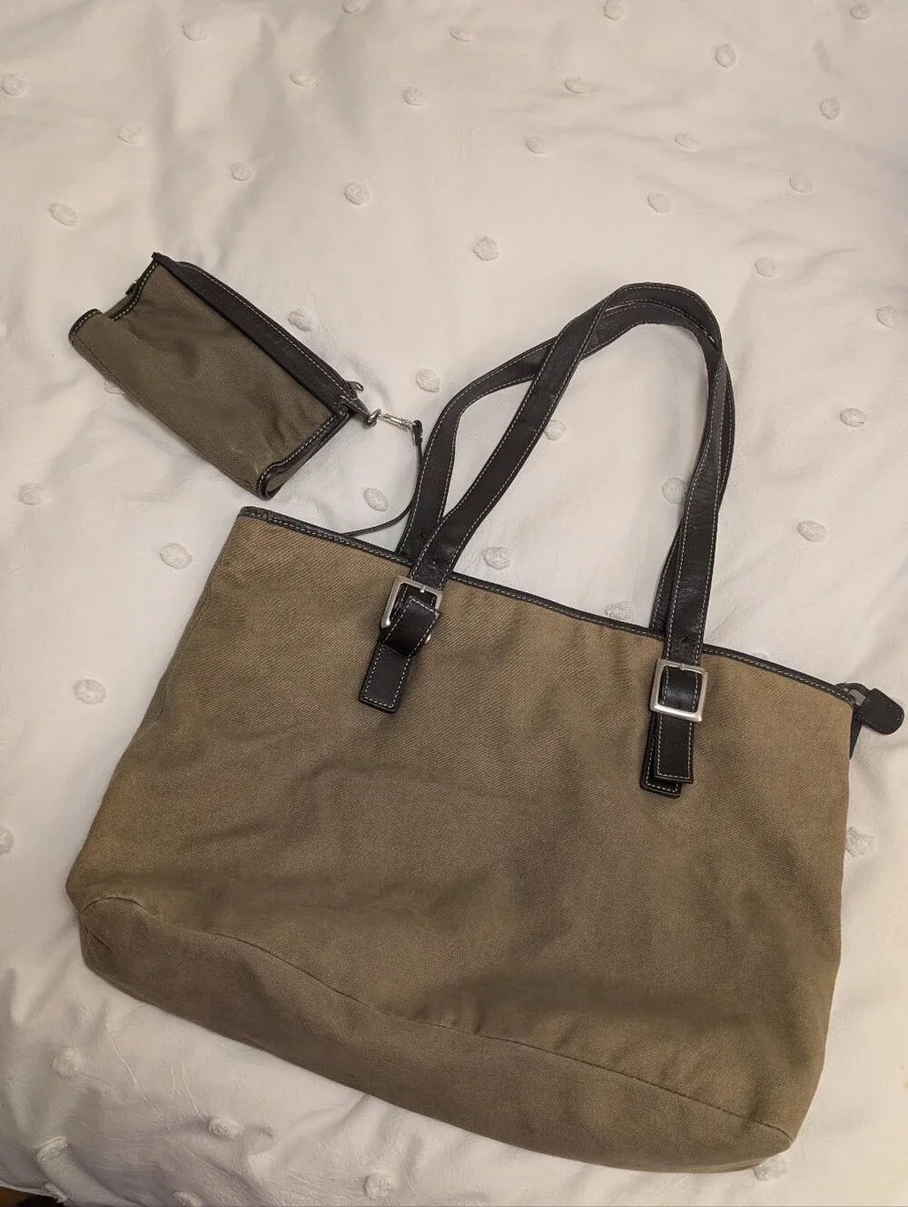 Levenger Canvas Tote Bag with Leather Trim - Olive